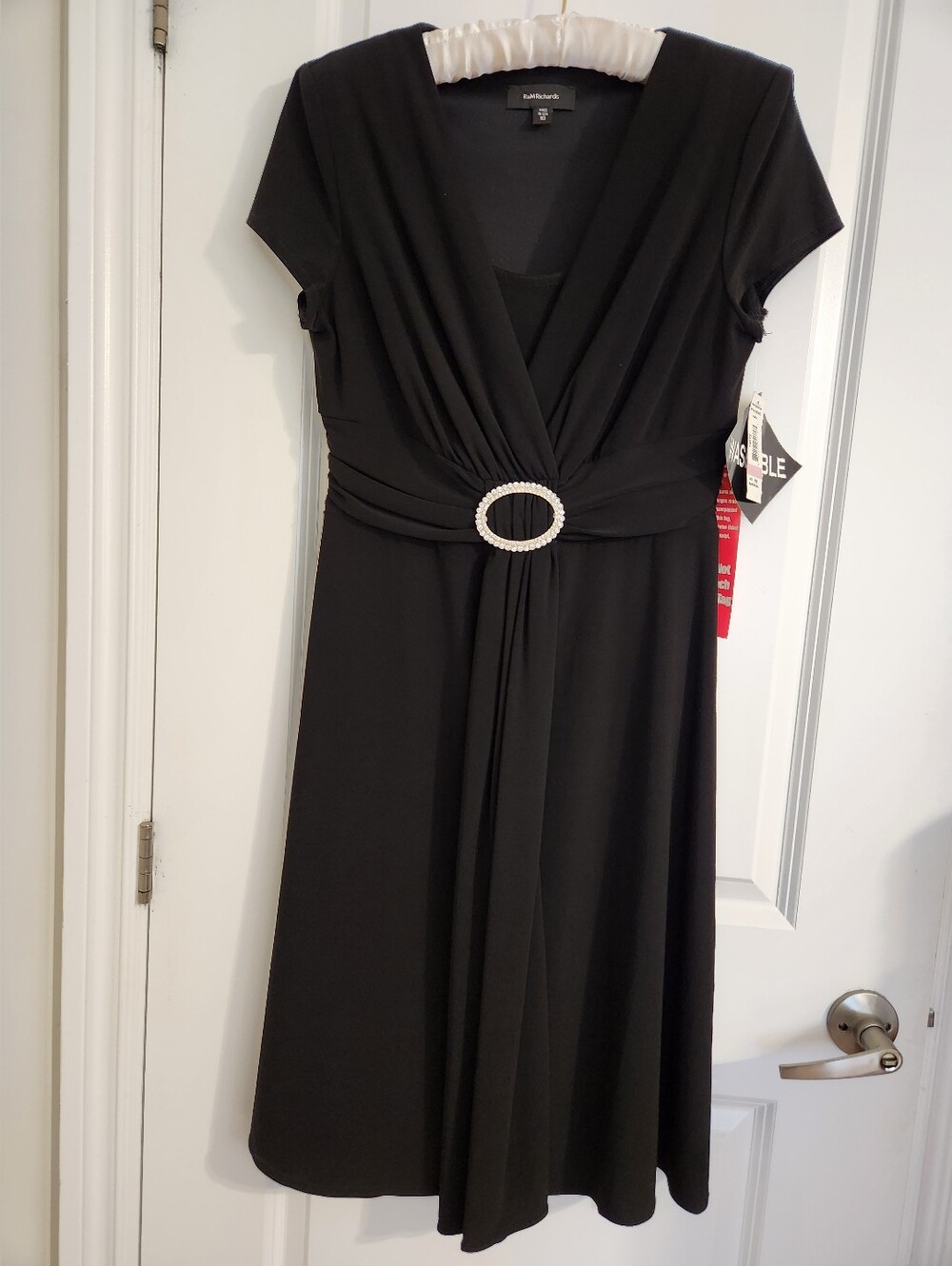 M Richards Short Sleeve Faux Wrap Dress with a Rhinestone Waist Buckle
